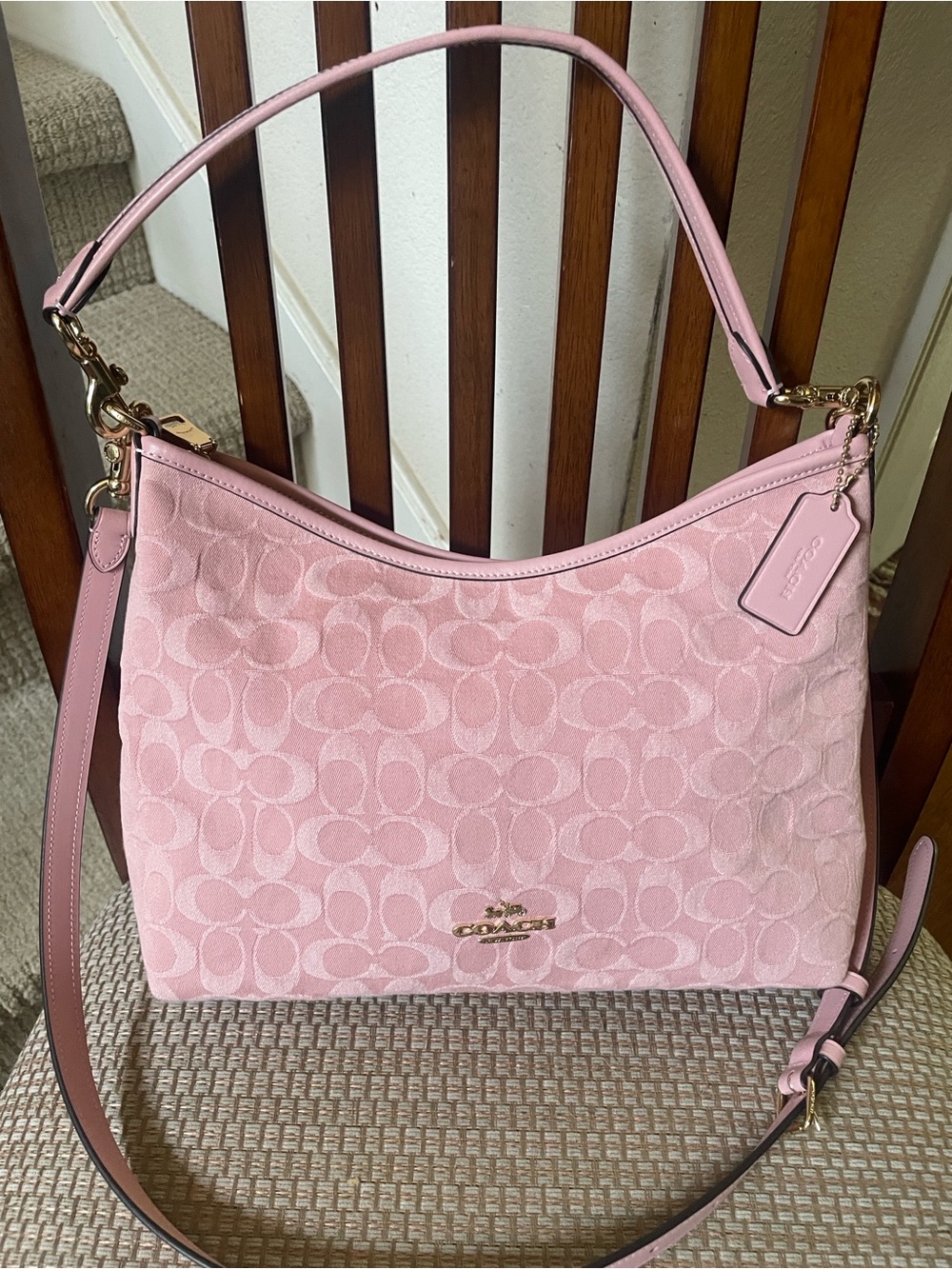Coach Pink Denim Signature Jacquard Laurel Shoulder Bag with Gold Hardware NWOT
